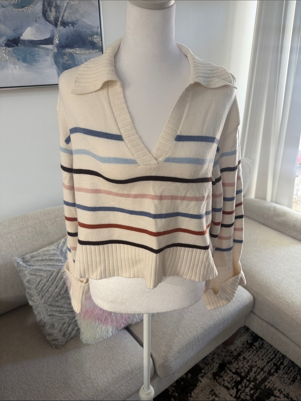 Laundry By Shelli Segal Cream V-Neck Striped Collared Sweater
